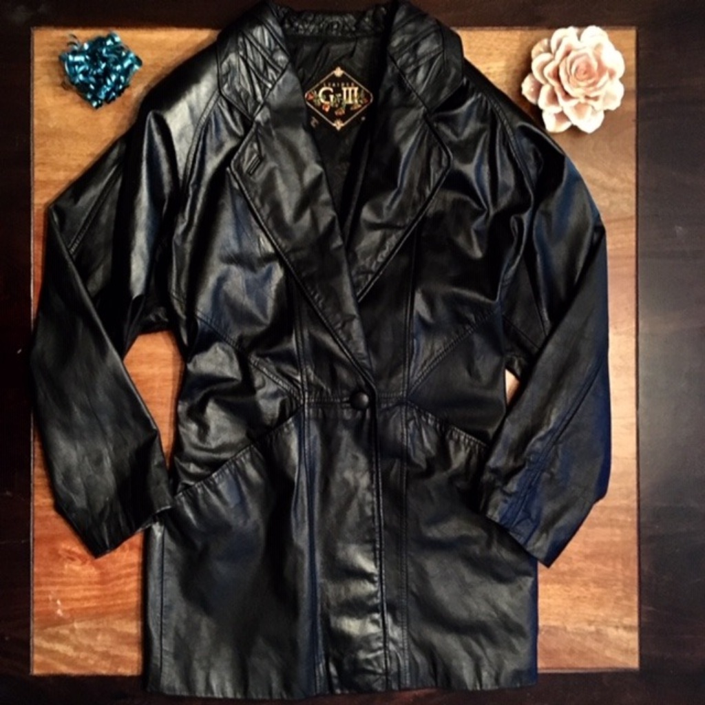 G-Iii Real Leather Black Med Length Coat Jacket